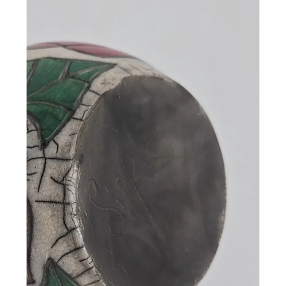 Vintage Rose Floral Ceramic Vase Crackle Glaze Pink Green